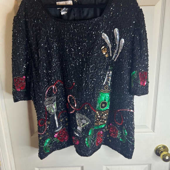 Vintage Laurence Kazar silk sequin & beaded top XL-XXL - Picture 2 of 9